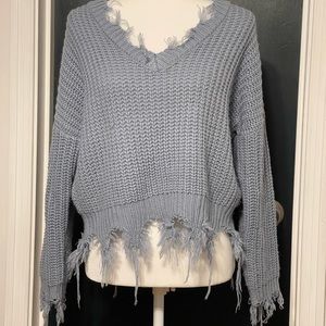Distressed Knit Baby Powder Blue V Neck Sweater